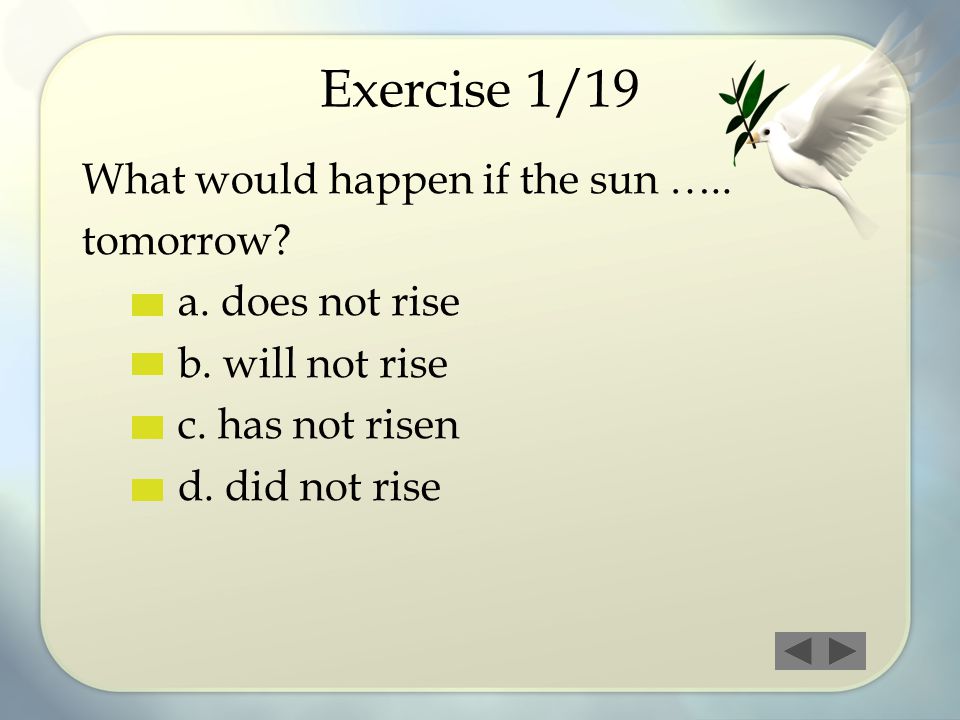 Exercise 1/19 What would happen if the sun ….. tomorrow