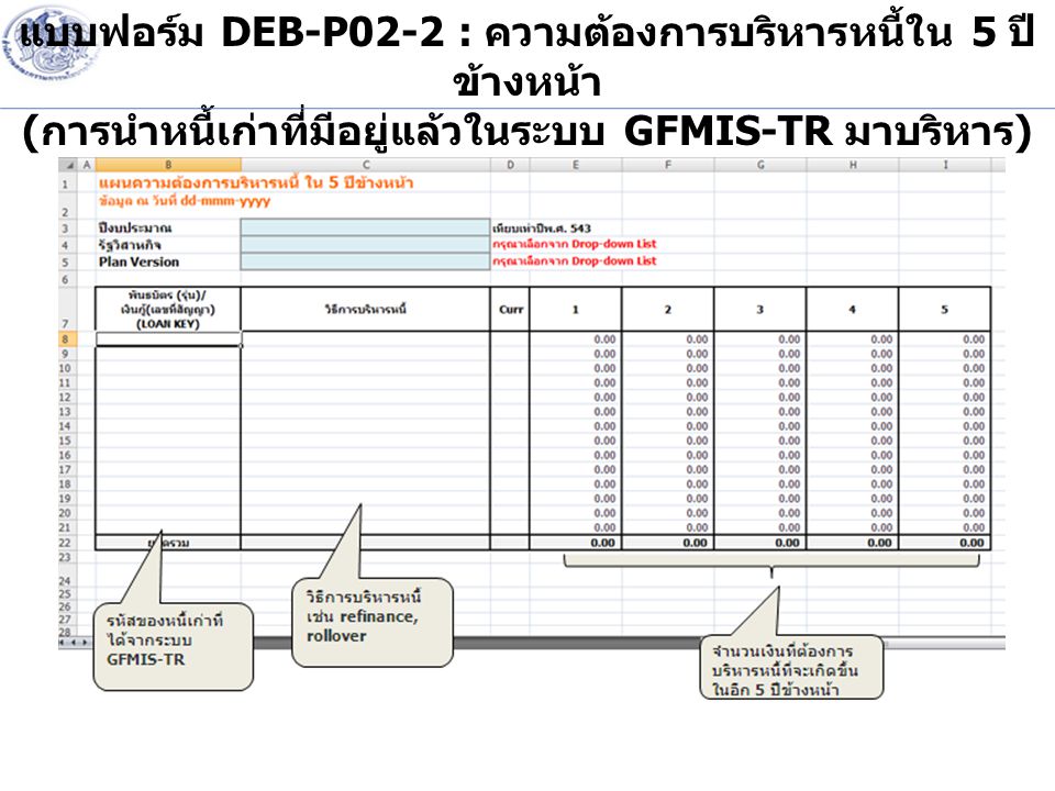 แบบฟอร์ม DEB-P02-2 : ความต้องการบริหารหนี้ใน 5 ปีข้างหน้า (การนำหนี้เก่าที่มีอยู่แล้วในระบบ GFMIS-TR มาบริหาร)