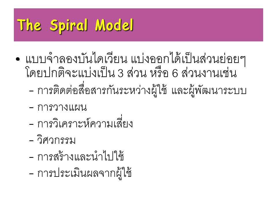 The Spiral Model แบบจำลองบันไดเวียน แบ่งออกได้เป็นส่วนย่อยๆ โดยปกติจะแบ่งเป็น 3 ส่วน หรือ 6 ส่วนงานเช่น.