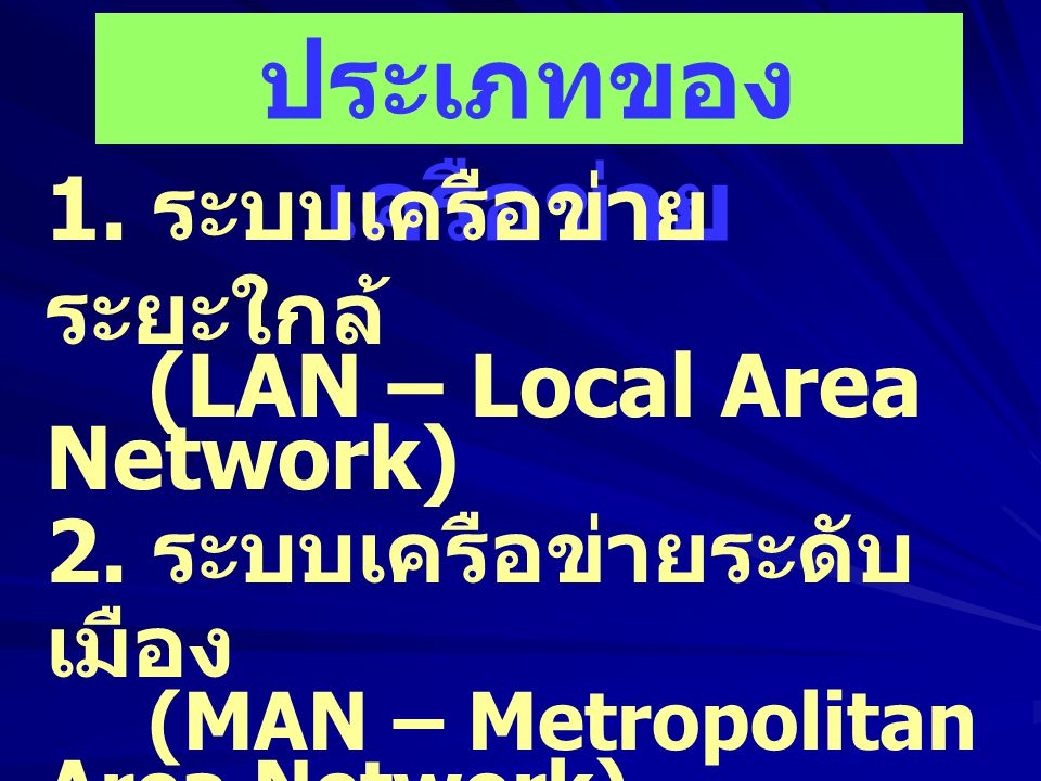ประเภทของเครือข่าย 1. ระบบเครือข่ายระยะใกล้ (LAN – Local Area Network)
