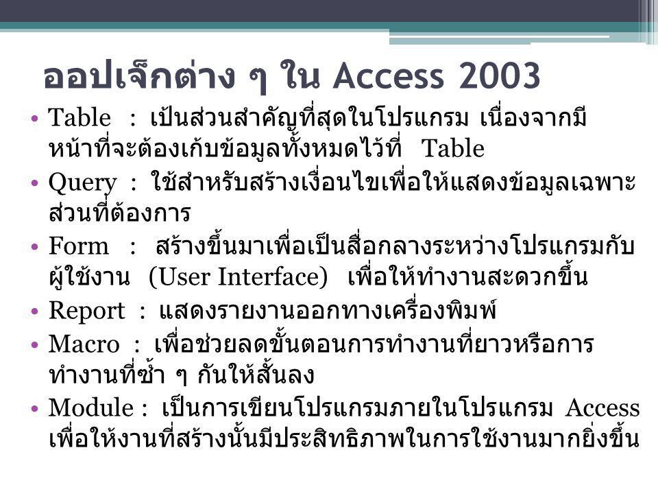 ออปเจ็กต่าง ๆ ใน Access 2003