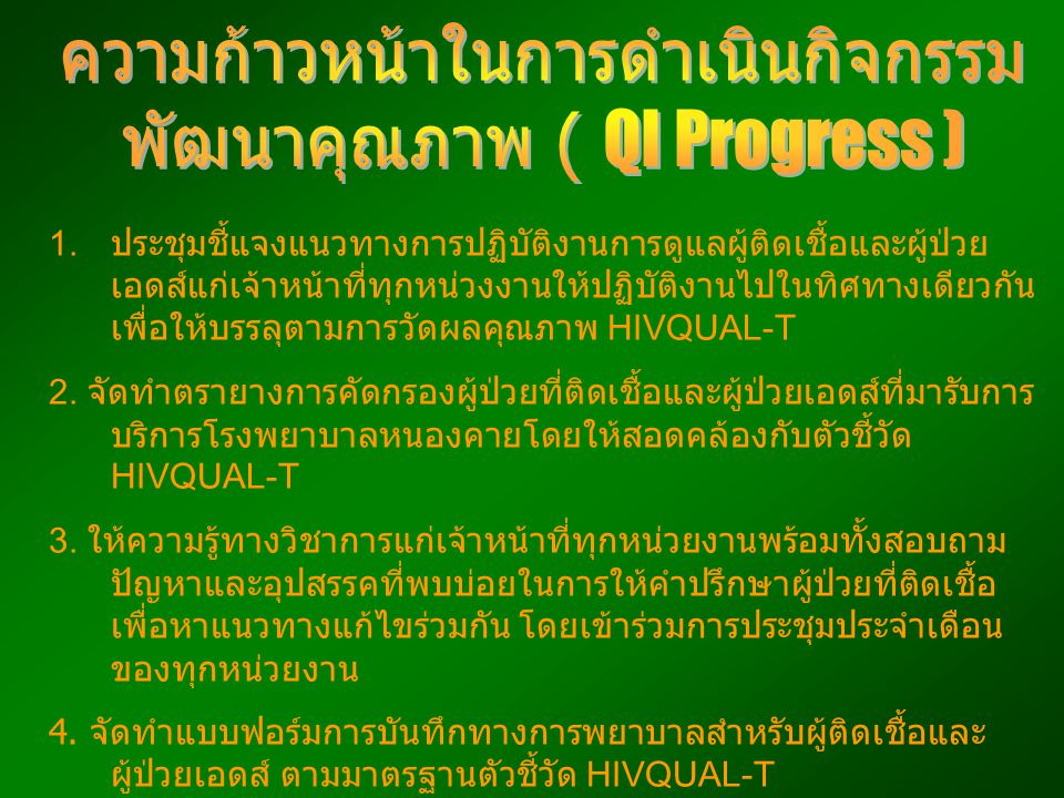 ความก้าวหน้าในการดำเนินกิจกรรม พัฒนาคุณภาพ ( QI Progress )