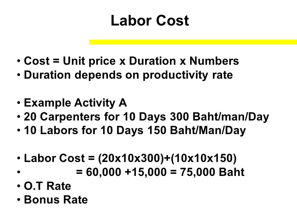 Labor Cost Cost = Unit price x Duration x Numbers