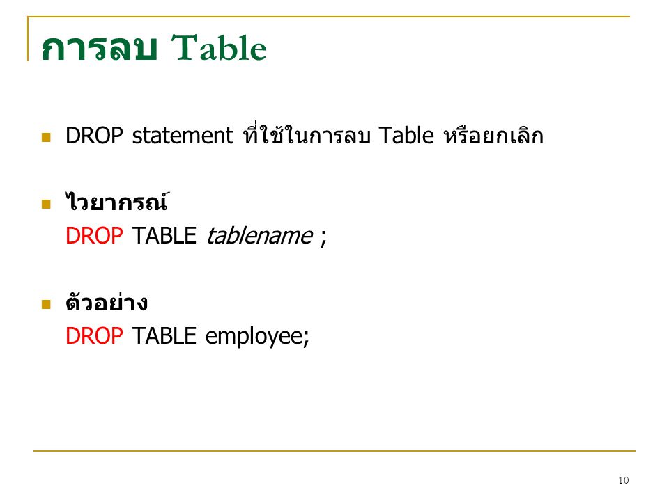 การลบ Table DROP statement ที่ใช้ในการลบ Table หรือยกเลิก ไวยากรณ์