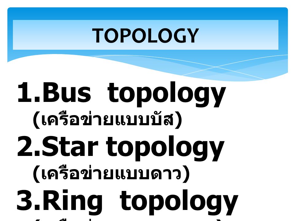 Bus topology (เครือข่ายแบบบัส) Star topology (เครือข่ายแบบดาว)