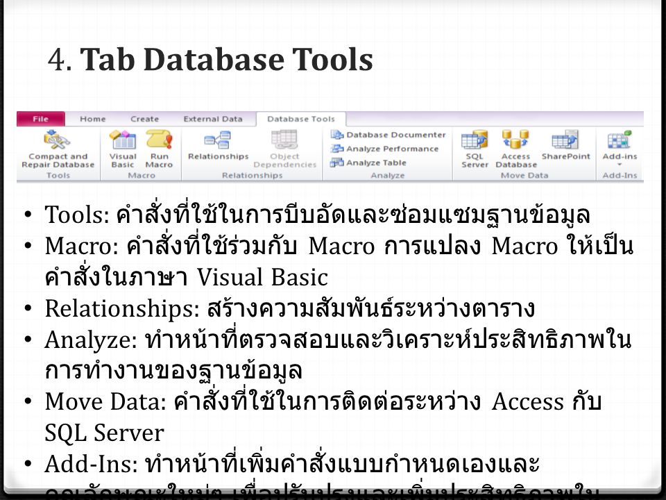 4. Tab Database Tools Tools: คำสั่งที่ใช้ในการบีบอัดและซ่อมแซมฐานข้อมูล.