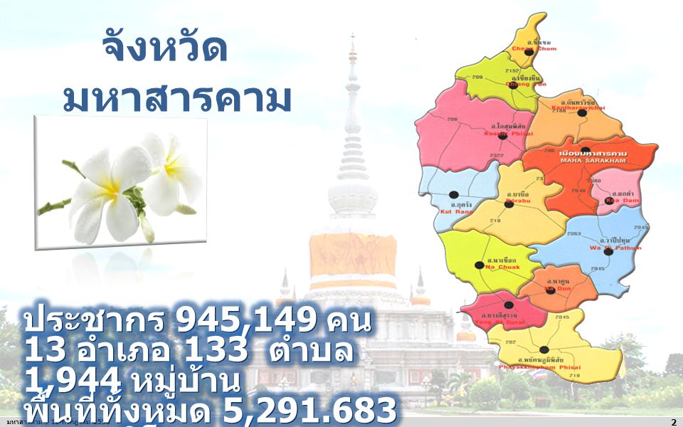 จังหวัดมหาสารคาม ประชากร 945,149 คน 13 อำเภอ 133 ตำบล 1,944 หมู่บ้าน