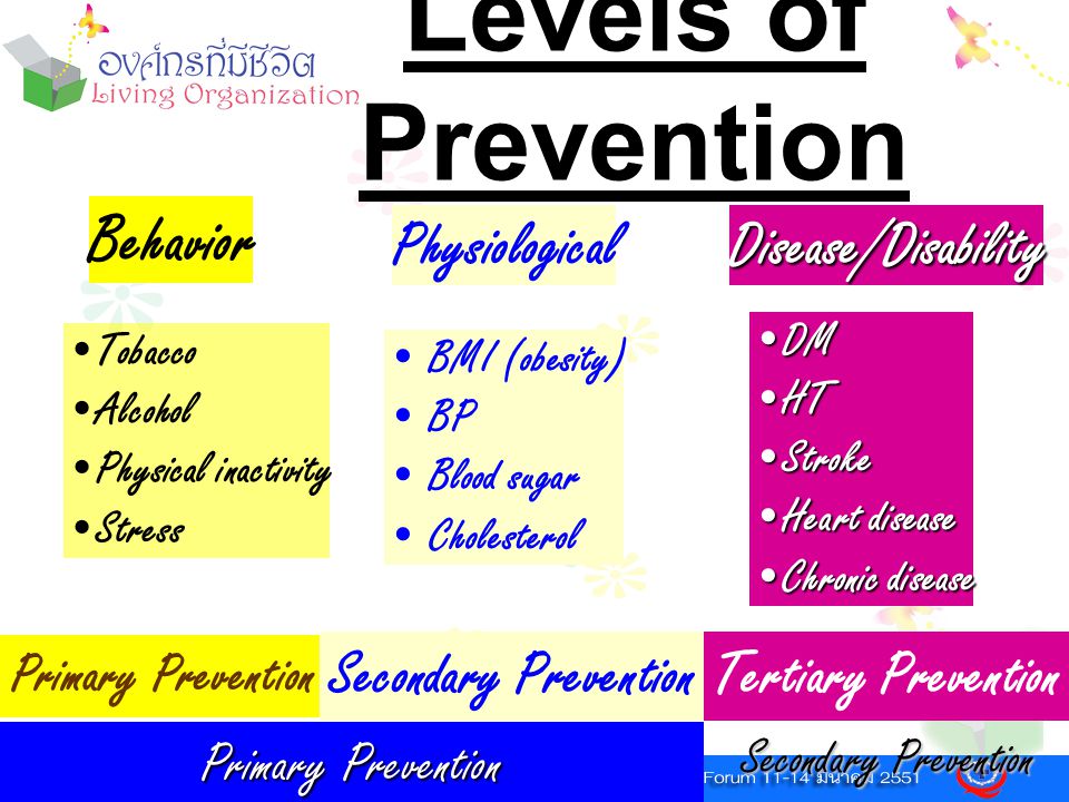 Levels of Prevention Behavior Physiological Disease/Disability