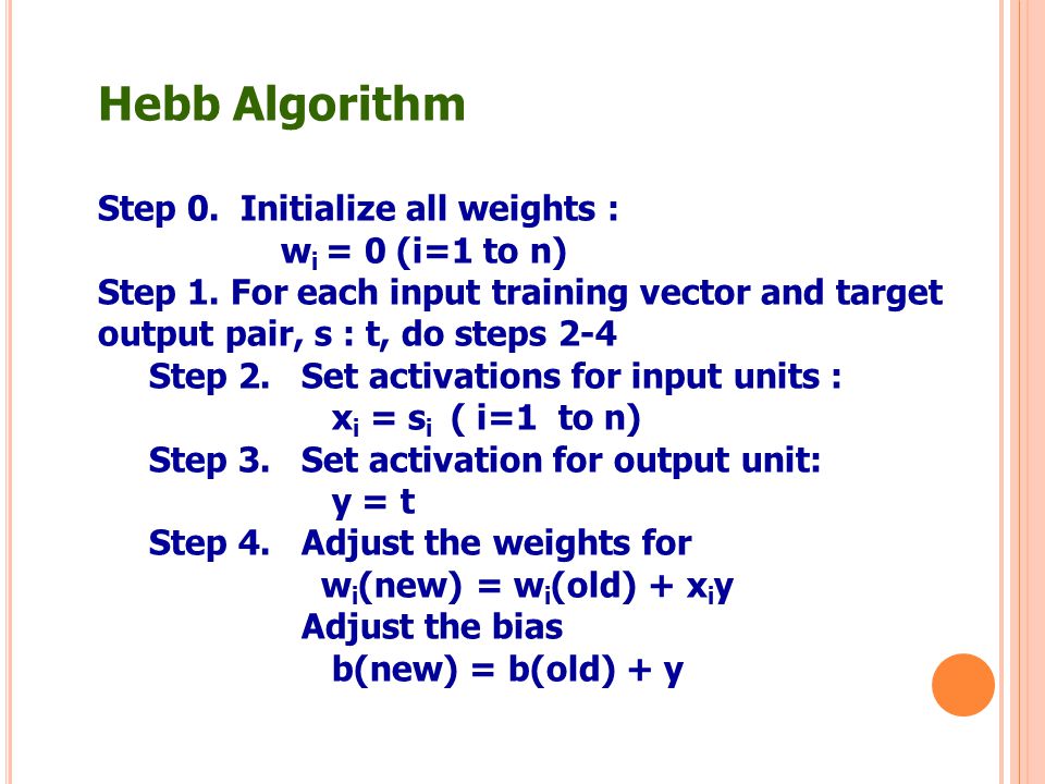 Hebb Algorithm Step 0. Initialize all weights : wi = 0 (i=1 to n)
