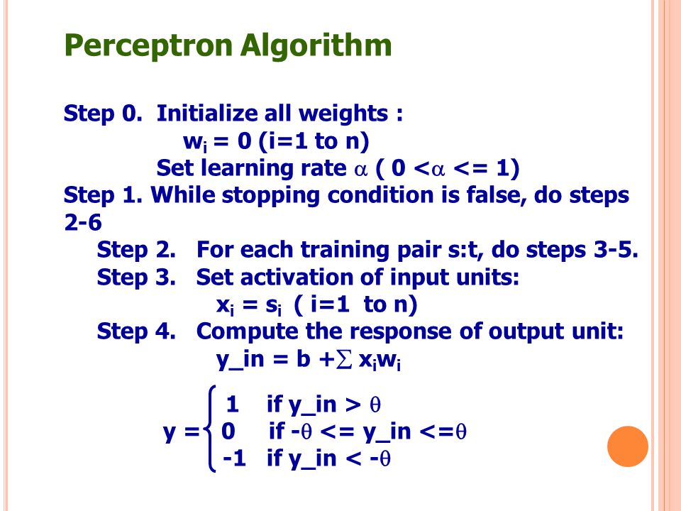 Perceptron Algorithm Step 0. Initialize all weights :