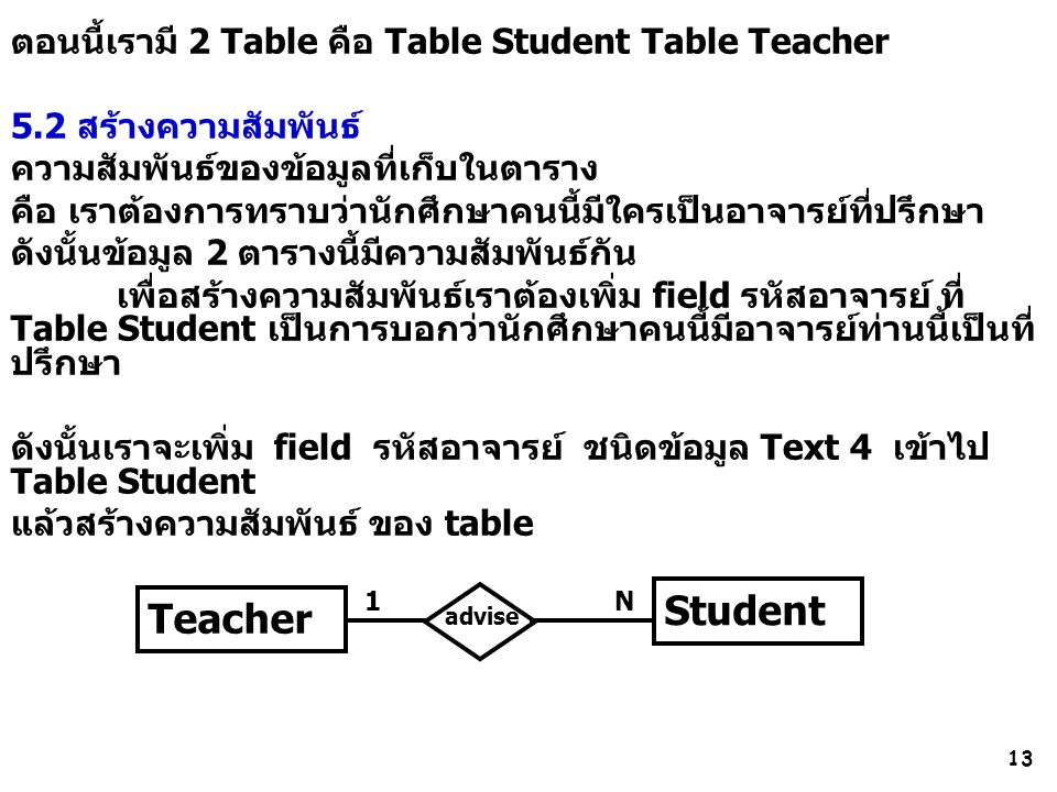 Student Teacher ตอนนี้เรามี 2 Table คือ Table Student Table Teacher