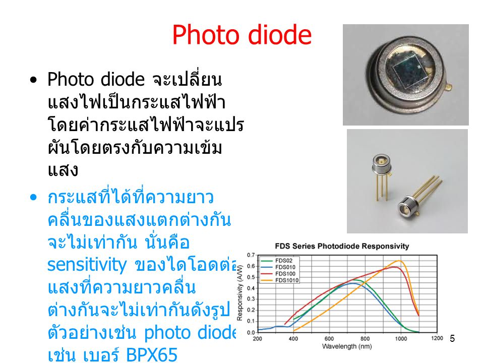 Photo diode Photo diode จะเปลี่ยนแสงไฟเป็นกระแสไฟฟ้า โดยค่ากระแสไฟฟ้าจะแปรผันโดยตรงกับความเข้มแสง.