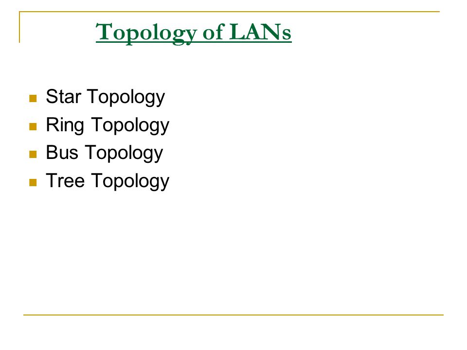 Topology of LANs Star Topology Ring Topology Bus Topology