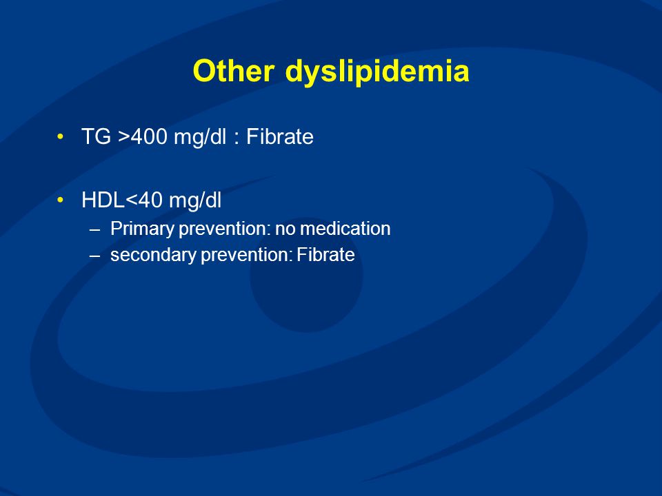 Other dyslipidemia TG >400 mg/dl : Fibrate HDL<40 mg/dl
