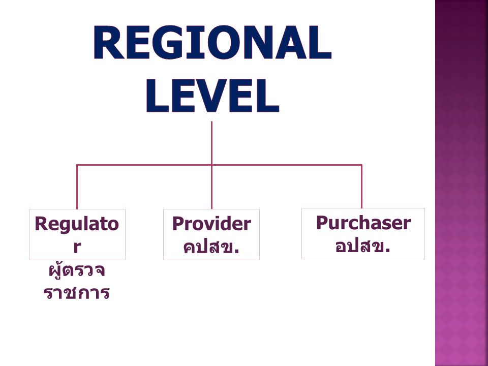 Regional Level Regulator ผู้ตรวจราชการ Provider คปสข. Purchaser อปสข.