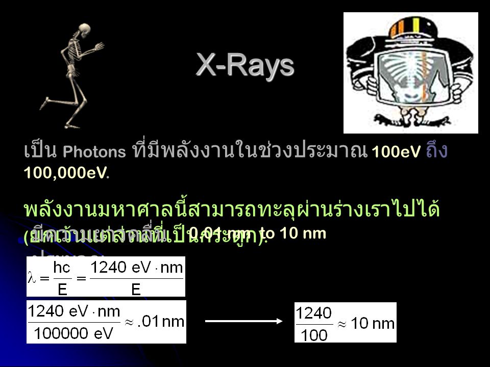 X-Rays เป็น Photons ที่มีพลังงานในช่วงประมาณ 100eV ถึง 100,000eV.