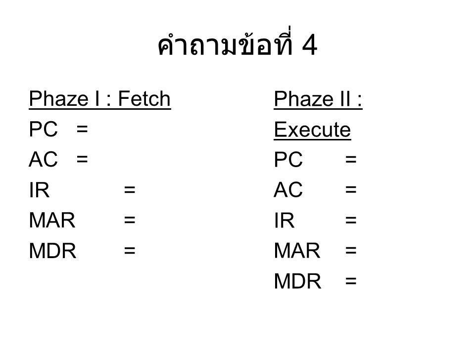 คำถามข้อที่ 4 Phaze II : Execute Phaze I : Fetch PC = PC = AC = AC =