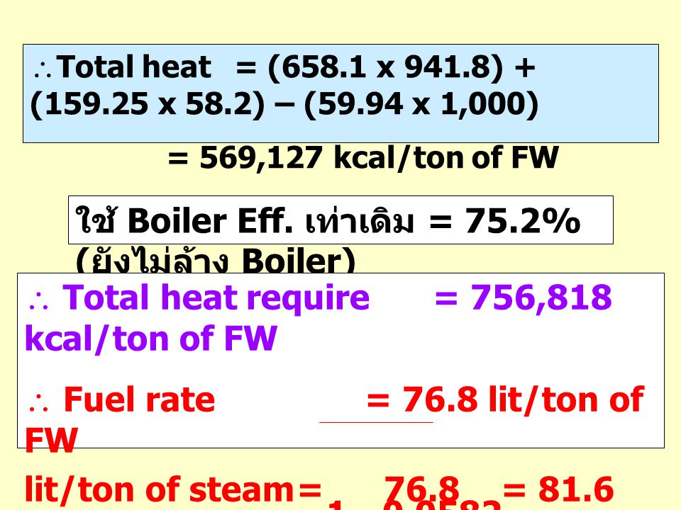 ใช้ Boiler Eff. เท่าเดิม = 75.2% (ยังไม่ล้าง Boiler)
