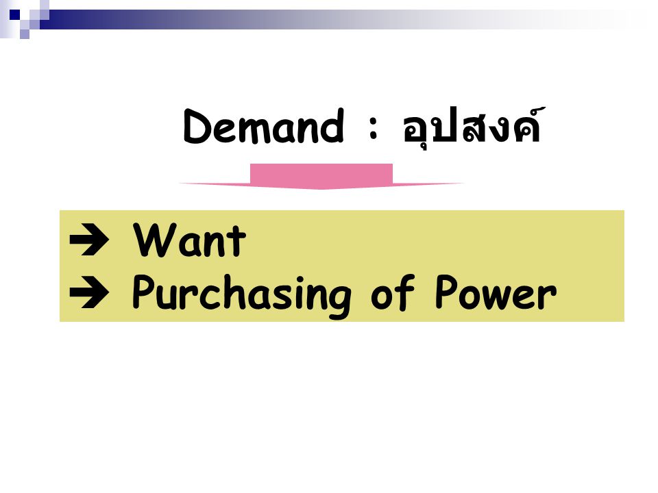 Demand : อุปสงค์  Want  Purchasing of Power