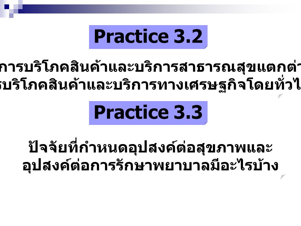 Practice 3.2 Practice 3.3 การบริโภคสินค้าและบริการสาธารณสุขแตกต่าง