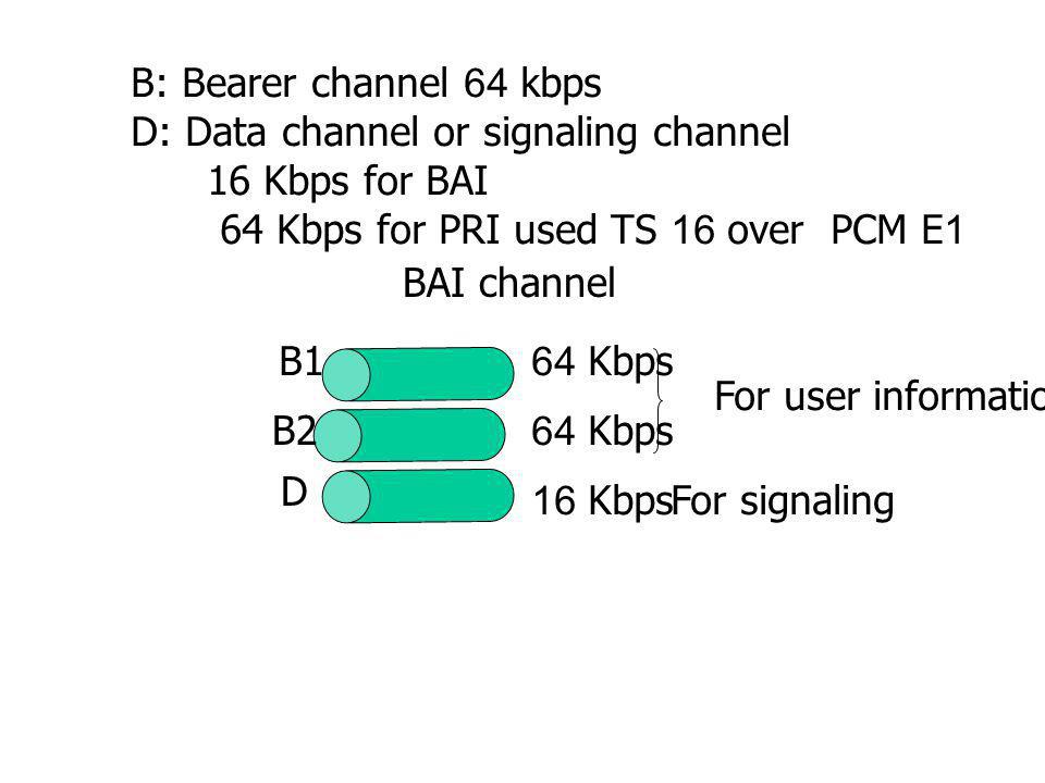 B: Bearer channel 64 kbps D: Data channel or signaling channel. 16 Kbps for BAI. 64 Kbps for PRI used TS 16 over PCM E1.