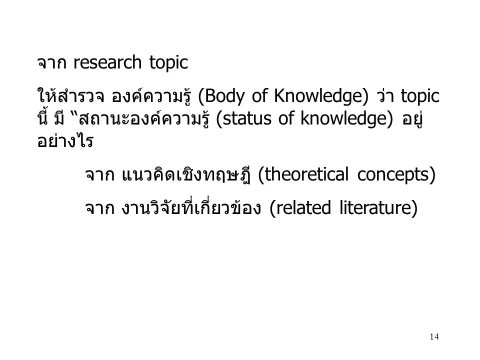 จาก research topic ให้สำรวจ องค์ความรู้ (Body of Knowledge) ว่า topic นี้ มี สถานะองค์ความรู้ (status of knowledge) อยู่ อย่างไร.