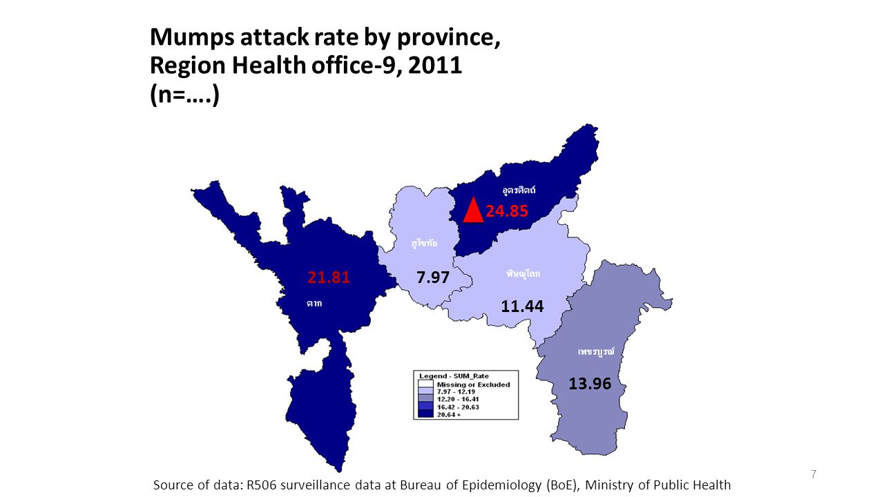 Mumps attack rate by province, Region Health office-9, 2011 (n=….)