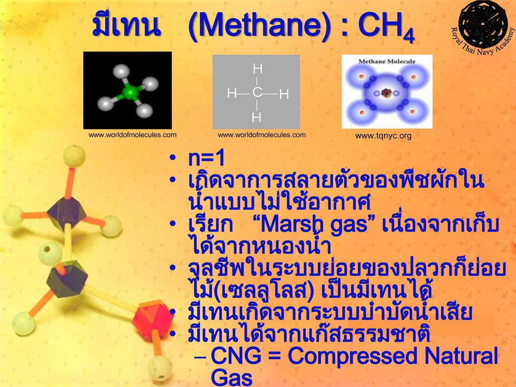 มีเทน (Methane) : CH4 n=1 เกิดจาการสลายตัวของพืชผักในน้ำแบบไม่ใช้อากาศ