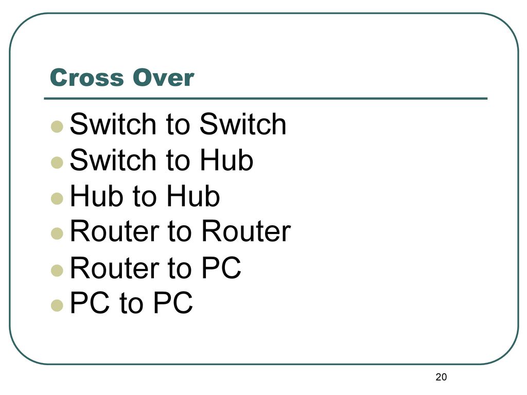 Switch to Switch Switch to Hub Hub to Hub Router to Router