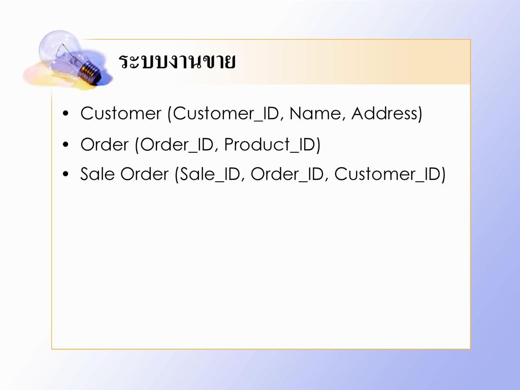 ระบบงานขาย Customer (Customer_ID, Name, Address)
