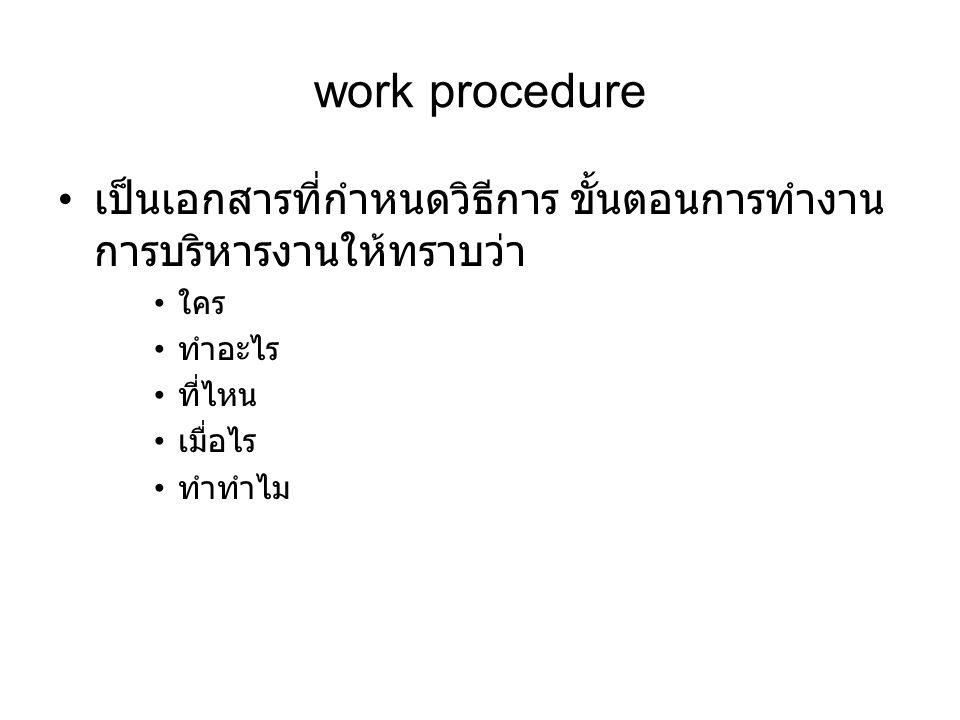 work procedure เป็นเอกสารที่กำหนดวิธีการ ขั้นตอนการทำงาน การบริหารงานให้ทราบว่า. ใคร. ทำอะไร. ที่ไหน.