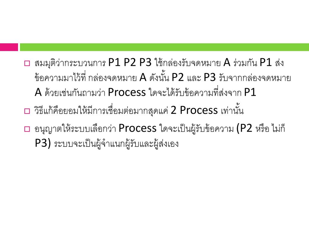 สมมุติว่ากระบวนการ P1 P2 P3 ใช้กล่องรับจดหมาย A ร่วมกัน P1 ส่ง ข้อความมาไว้ที่ กล่องจดหมาย A ดังนั้น P2 และ P3 รับจากกล่องจดหมาย A ด้วยเช่นกันถามว่า Process ใดจะได้รับข้อความที่ส่งจาก P1