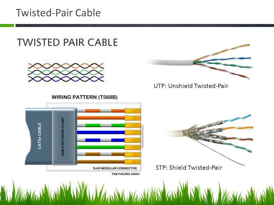 Twisted-Pair Cable UTP: Unshield Twisted-Pair STP: Shield Twisted-Pair