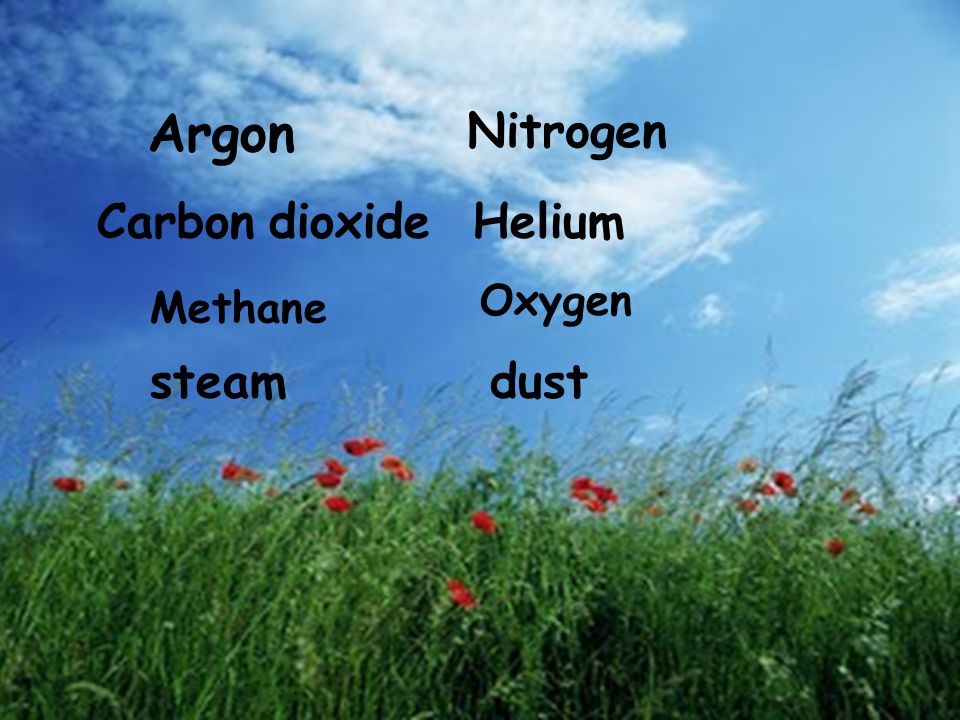 Argon Nitrogen Carbon dioxide Helium Oxygen Methane steam dust