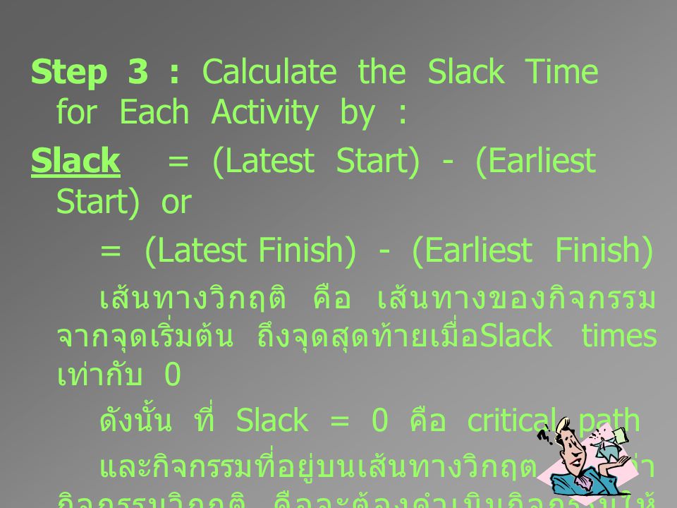 Step 3 : Calculate the Slack Time for Each Activity by :