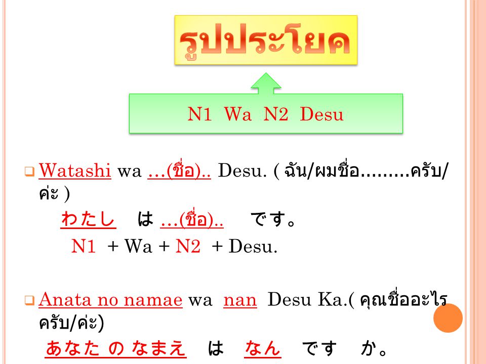 รูปประโยค N1 Wa N2 Desu. Watashi wa …(ชื่อ).. Desu. ( ฉัน/ผมชื่อ ครับ/ค่ะ ) わたし は …(ชื่อ).. です。