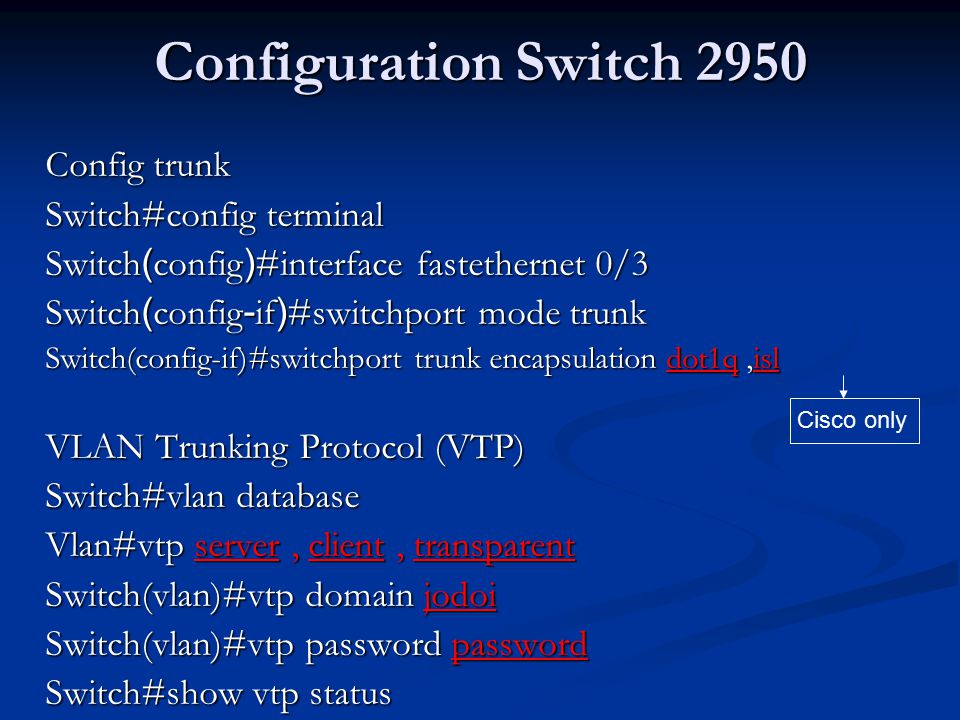 Configuration Switch 2950 Config trunk Switch#config terminal