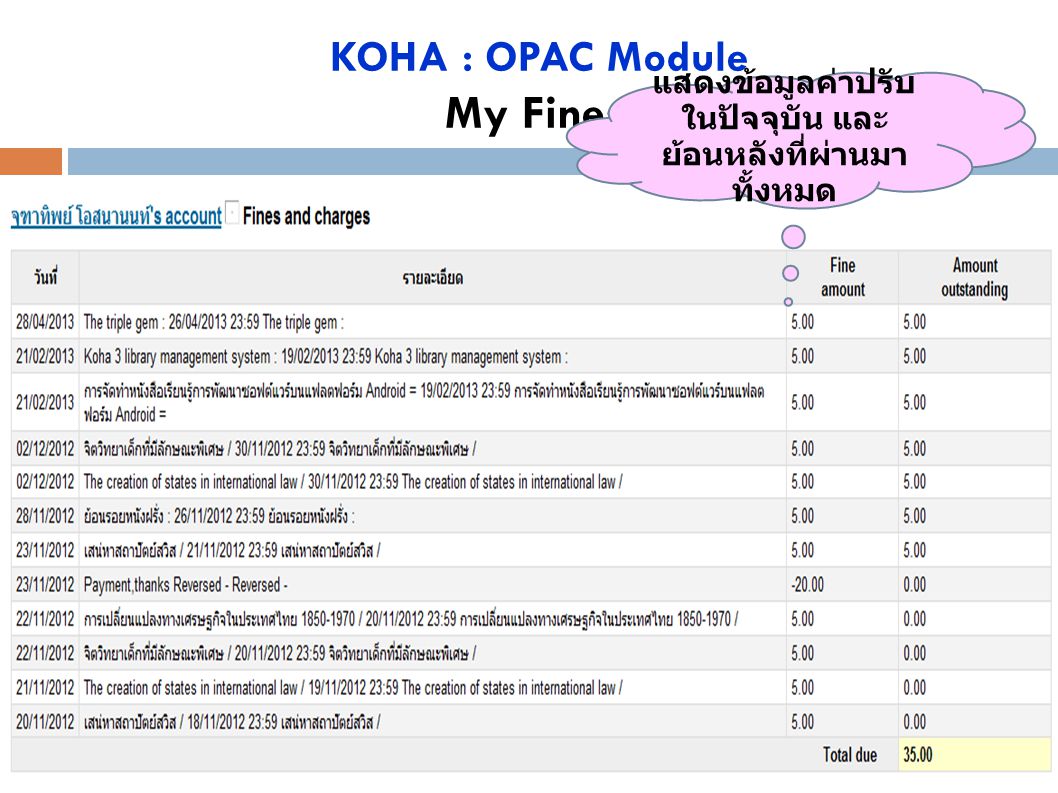 KOHA : OPAC Module My Fines