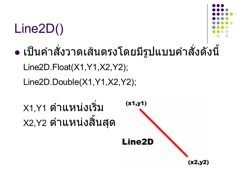 Line2D() เป็นคำสั่งวาดเส้นตรงโดยมีรูปแบบคำสั่งดังนี้