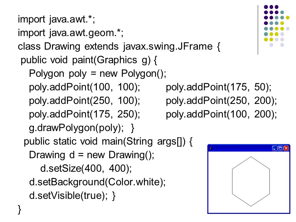 import java.awt.*; import java.awt.geom.*; class Drawing extends javax.swing.JFrame { public void paint(Graphics g) {
