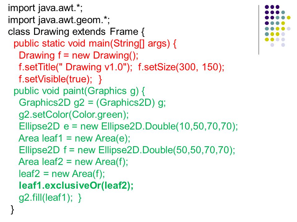 import java.awt.*; import java.awt.geom.*; class Drawing extends Frame { public static void main(String[] args) {