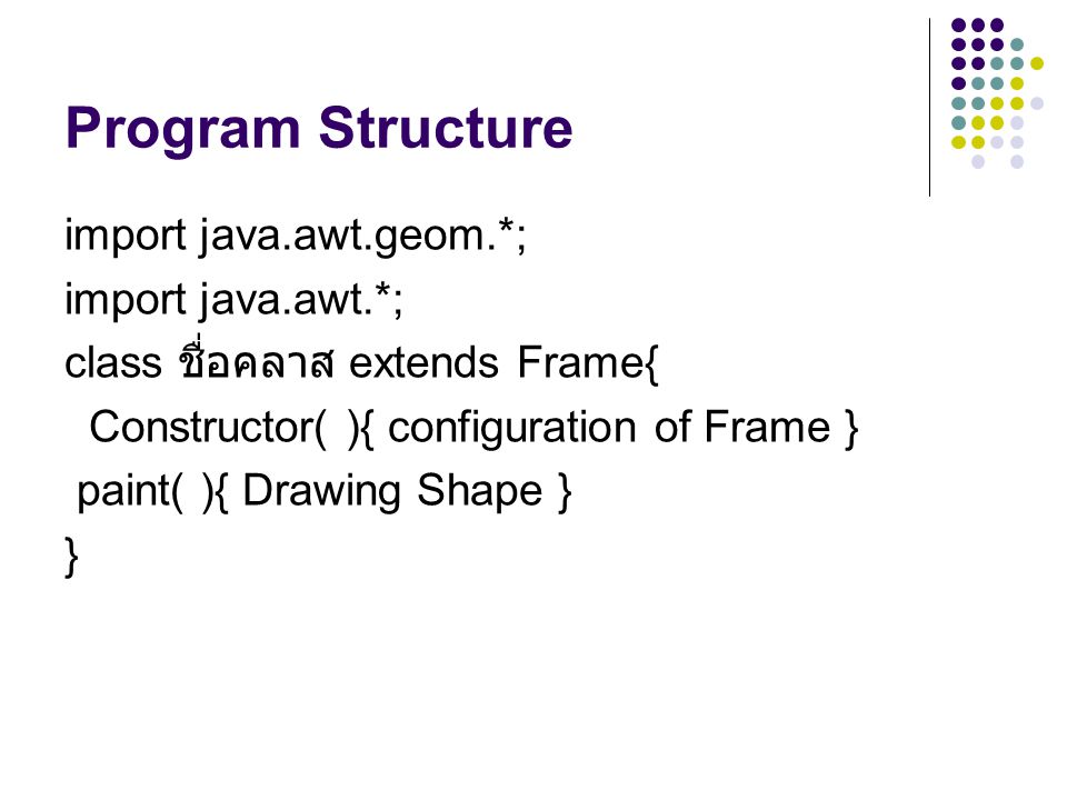 Program Structure import java.awt.geom.*; import java.awt.*;