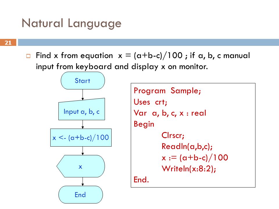 Natural Language Find x from equation x = (a+b-c)/100 ; if a, b, c manual input from keyboard and display x on monitor.
