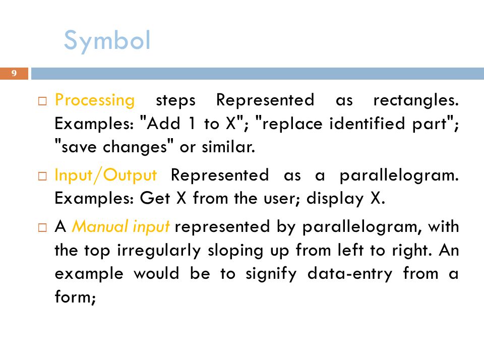 Symbol Processing steps Represented as rectangles. Examples: Add 1 to X ; replace identified part ; save changes or similar.