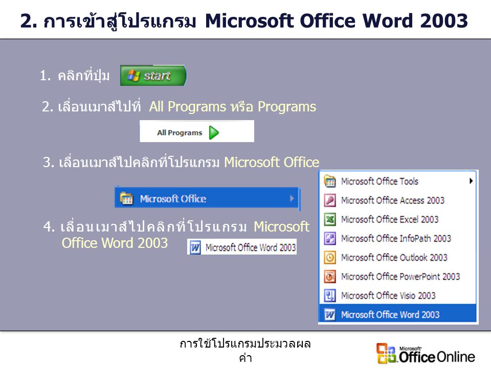 2. การเข้าสู่โปรแกรม Microsoft Office Word 2003