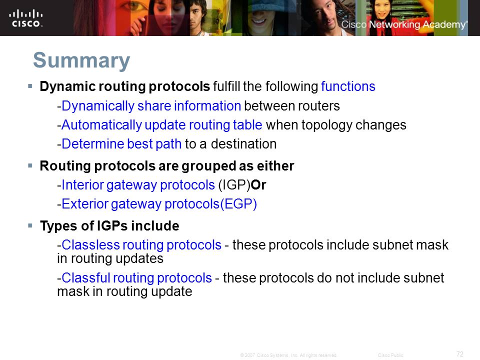 Summary Dynamic routing protocols fulfill the following functions