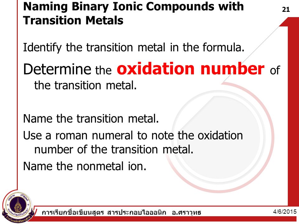 Naming Binary Ionic Compounds with Transition Metals