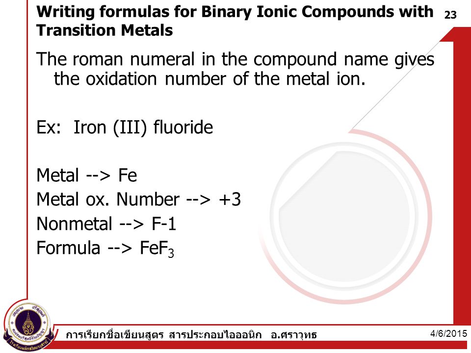 Writing formulas for Binary Ionic Compounds with Transition Metals