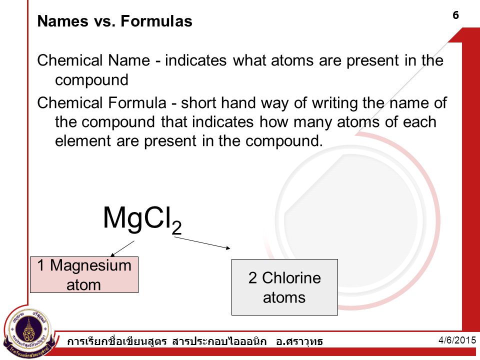 Names vs. Formulas Chemical Name - indicates what atoms are present in the compound.