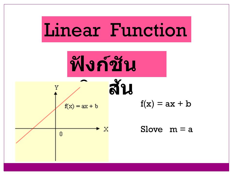 Linear Function ฟังก์ชันเชิงเส้น f(x) = ax + b Slove m = a